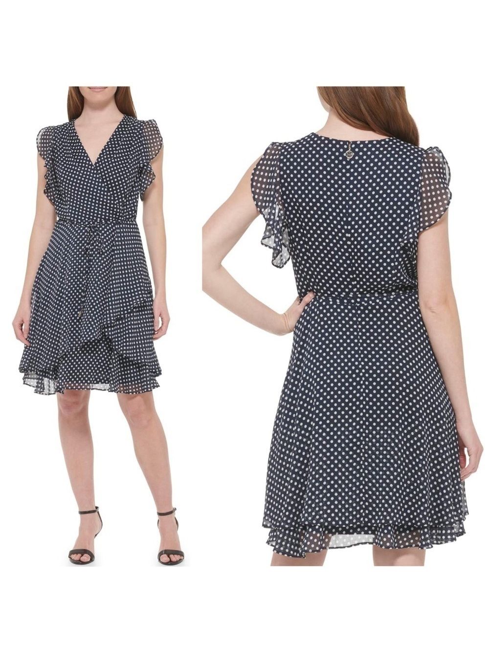 Tommy Hilfiger Polka Dot Faux Wrap Flutter Ruffle Sleeve Navy & White Midi Dress